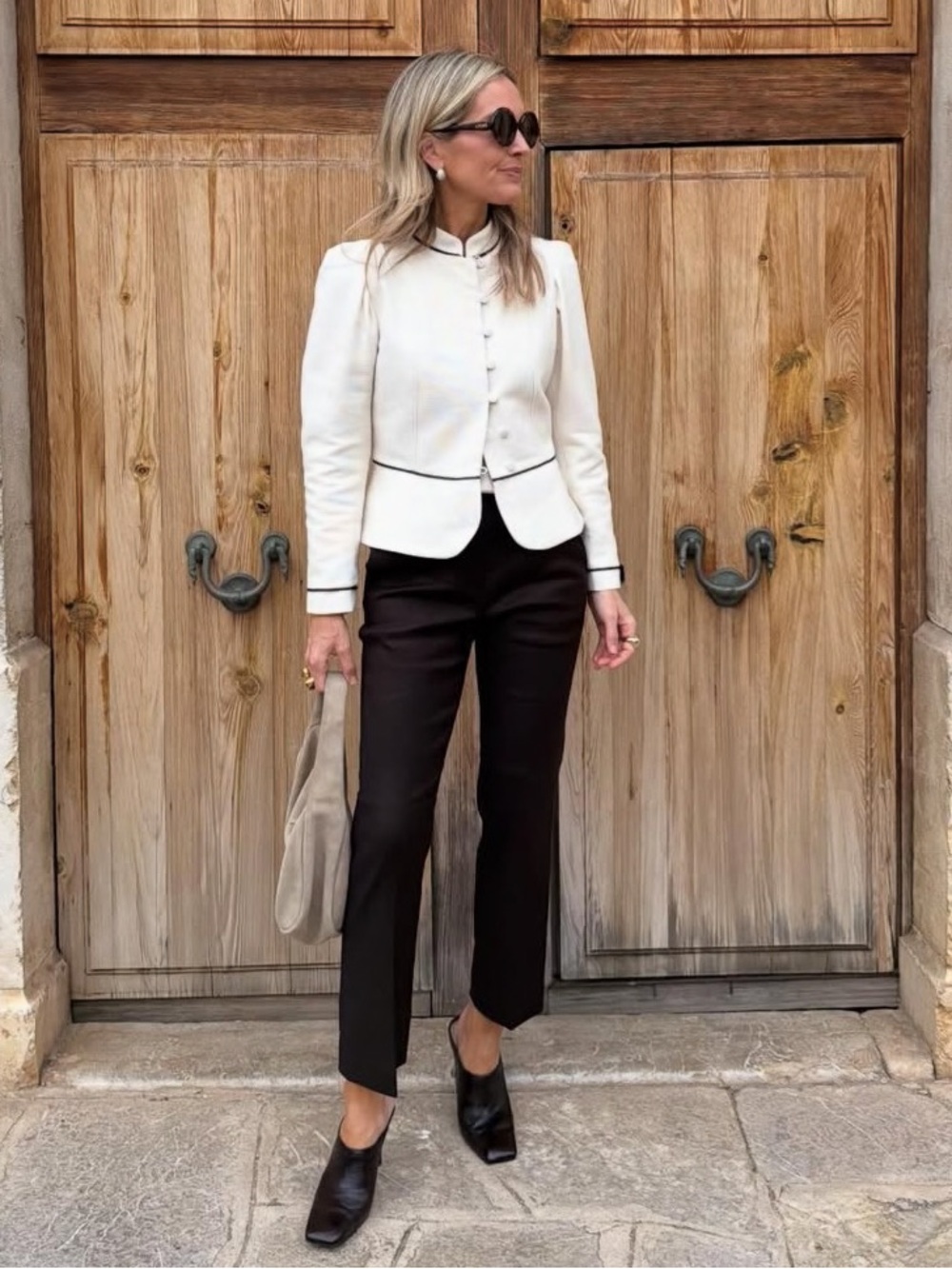 Zara Cream Tailored Mandarin Collar Jacket with Black Piping
